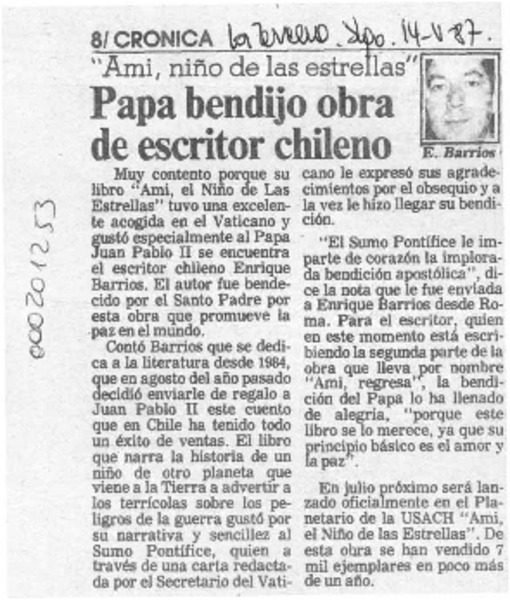 Papa Juan Pablo bendice Enrique Barrios